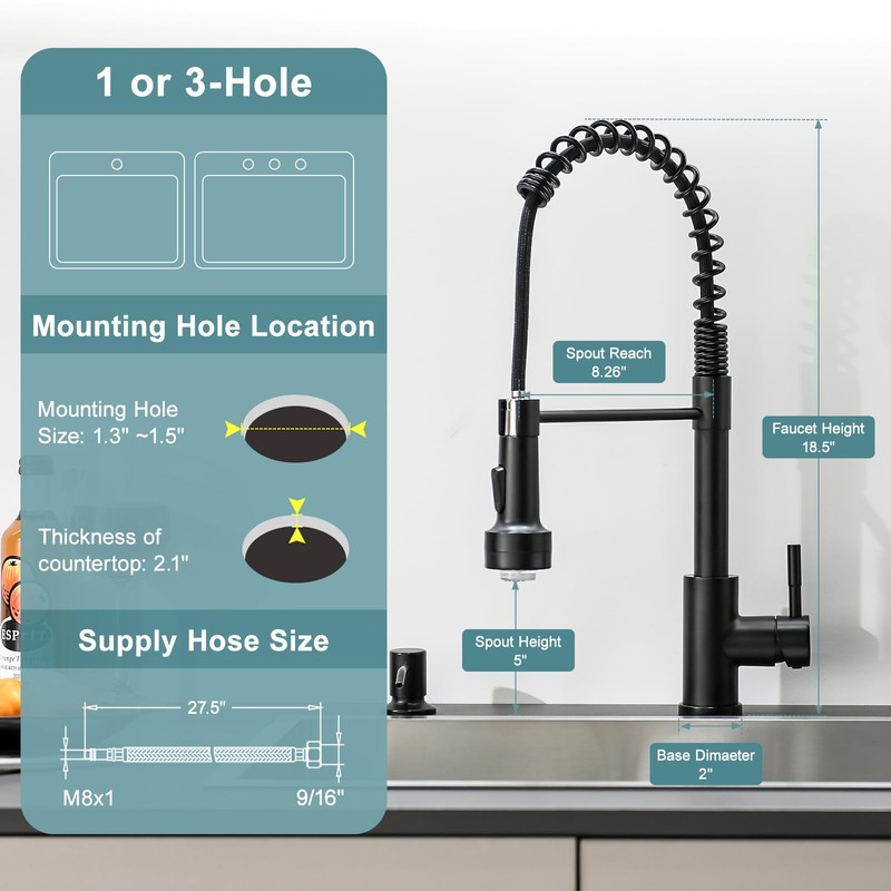 GIMILI Black Kitchen Faucet with Soap Dispenser Single Hole Pull