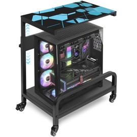 Adjustable Computer Tower Stand Large with Guardrail, 2 Tier Gaming PC Tower Stand for ATX, E-ATX, ITX, Rolling Floor Cart with Locking Metal Wheels, 32.7" X 21.6" X 15.8"