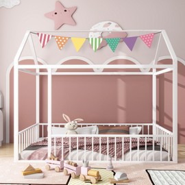 HZANHY Twin House Bed for Kids, Montessori Floor Bed with Rails, Metal Floor Bed Frame for Boys Girls Toddlers, Playhouse Bed with Roof, Twin Kids Bed Floor Bed with Post Foot Pads for Teen