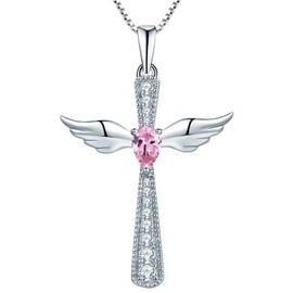 YL Angel wings cross necklace, 925 sterling silver 12 birthstone zirconia guardian angel pendant necklace for women, chain 45 + 3 cm, Silver, October, pink