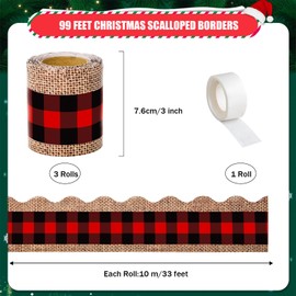 99 Feet Buffalo Plaid Bulletin Board Borders Christmas Scalloped Border Trim Buffalo Check Classroom Borders Christmas Decorations for Farmhouse Xmas Chalkboard School Decor,3 Rolls(Red and Black)
