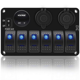 FXC Waterproof Marine Boat Rocker Switch Panel 6 Gang with 3.1A Dual USB Slot Socket + Cigarette Lighter +LED Voltmeter with Power-Save for Car Rv Vehicles Truck (6 Gang Blue LED)