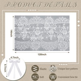 Rtteri 6 Set 14 x 120 Inch White Lace Table Runner with Long Tie Bow Flower Vintage Boho Lace Embroidered Table Runner for Wedding Party Bridal Shower Rustic Decor