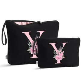 Vavabox 2 Pcs Initial Toiletry Bags Set,Birthday Gifts for Women,Travel Portable Toiletry Bag with Handle (Y, Black)