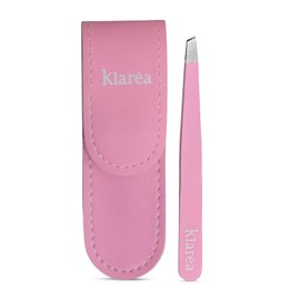 Klaréa Professional Slant Tip Tweezer for Men & Women – Precision Stainless Steel Eyebrow Tweezer with Leather Travel Pouch – for Facial Hair, Ingrown Hair & Splinter Removal (Pink)