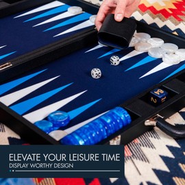 Pointworks 19 Inch Premium Backgammon Sets for Adults Leather Black - Blue. Premium 1.6 Inch Checkers & Dice Set, Travel Backgammon Set, Large, Backgammon Board Game, Backgammon Game Set