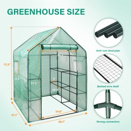 iPower Walk-in Greenhouse Kit for Outdoors with Durable PE Cover and Observation Windows, 3-Tier 12-Shelves Portable Gardening Plant House, 4.7x4.8x6.4 FT