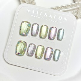 Cat Eye Fake Nails Short Square Press on Nails Spring Flowers False Nails Press ons Cute Jelly Gel Acrylic Nails Glossy Artificial Nail for Women Girls Manicure Deco 30Pcs