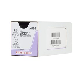 Ethicon J489G Coated Vicryl Suture, Synthetic Absorbable, P-1, 3/8 Circle Needle, Size 6-0, 18" Size
