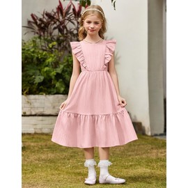 Arshiner Girls Summer Dress Pink Easter Party Boho Tie Back Square Neck Swing Flowy Tiered Maxi Dresses for 10-11 Years