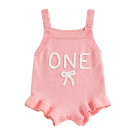 First Birthday Outfit Girl Sleeveless Bow One Embroidered Crochet Knit Romper Baby girl 1st Birthday Clothes Summer One Piece (Pink, 6-12 Months)