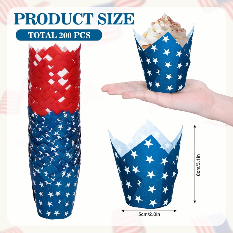 JarThenaAMCS 200Pcs Patriotic July 4th Tulip Cupcake Liners Stars Stripes