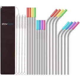 16 Pack Reusable Stainless Steel Straws with Silicone Tips Metal Drinking Straws