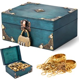 HOMURY Vintage Wooden Treasure Chest, Treasure Chest with Combination Lock, Wooden Chest, Pirate Treasure Chest, Children's Birthday, Treasure Chest for Storage and Decorating Gifts (15 x 12 x 7.2 cm,