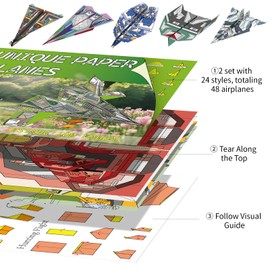 Elfew 48 Sheet Origami Paper Airplane Kit for Kids Ages 8-12, with 24 Theme Airplane Folding Paper Set with Origami Book for Kids Ages 5-8, Travel Activity Toy for Car, Paper Craft Gift