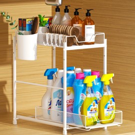 VITVITI Under Sink Organizers and Storage, Pull Out Under Bathroom Cabinet Organizer with Drawer, 2 Tier Metal Mesh Kitchen Sink Cabinet Organizer Shelf with Basket Hooks, White