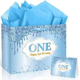1st Birthday Gift Bag for Baby Boys Girls Happy First Birthday Gift Bag with Card Wrapping Paper Blue 1st Bday Party Decorations for One Year Old Kids Parents Newborn Baby Shower Party Supplies