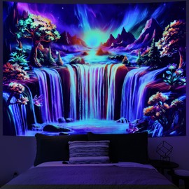 Ameyahud Blacklight Waterfall Tapestry Fantasy Landscape Tapestry UV Reactive Forest Tapestry Colorful Plant Tapestry Wonderland Mountain Tapestry Wall Hanging Decor for Home