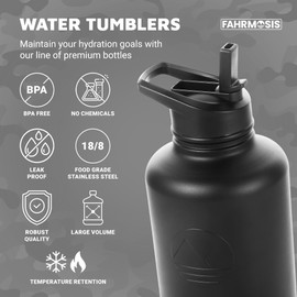 FAHRMOSIS 64 Oz Insulated Water Bottle with Strap Stainless Steel Sports Water Bottle with 3 Lids (Straw, Chug and Flip Lid) Leak Proof Metal Half Gallon Jug for Men & Women - Black