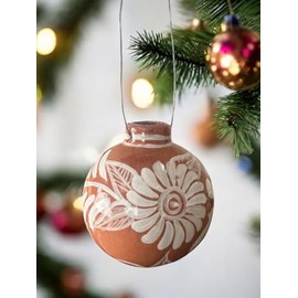 Handmade Mexican Pottery Christmas Ornaments – Round Brown and White Talavera, Traditional Mexican Decor (Set of 4)