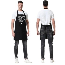 Funny Apron for Women Men,MY WIFE LOVES MY MEAT Waterproof Men's Funny Letter Print Apron Chef Husband Bib Aprons with Double Pocket, Adjustable Kitchen Cooking Bib Apron for Men(Black)