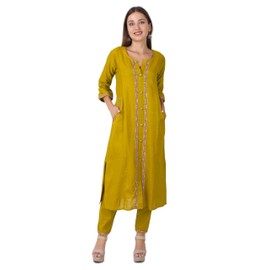 Ladyline Womens Handloom Cotton Kurti with Pants Set | Embroidered Kurta with Buttons Pocket (CEKP HRM1590) (42/ Mustard)