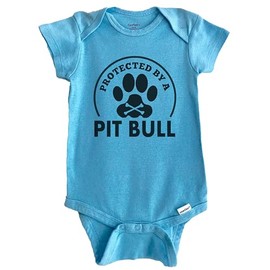 Protected by A Pit Bull Funny Baby Bodysuit (100% Cotton), 3-6 Months Blue