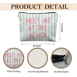 Likjad Coastal Beach Makeup Bag, Blue Striped Beachy Cosmetic Bags for Women, Meet Me at the Beach Girly Makeup Pouch, Ocean Themed Gift Zipper Pouch