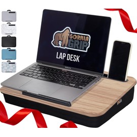GORILLA GRIP Laptop Lap Desk with Phone Holder, Pillow Cushion Desks Fit Laptops up to 15.6", Gifts for Home, Portable Travel Workstation, Tray Ledge Keep Computers in Place, Light Wood Color