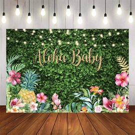 Avezano Aloha Baby Shower Backdrop Green Grass Summer Hawaiian Floral Tropical Photography Background Leaves Baby Shower Party Decoration Props (8x6ft)