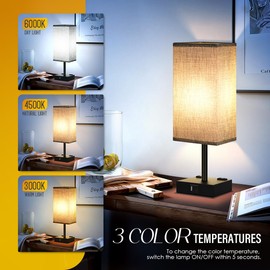 Bedside Table Lamp for Bedroom - Touch Small Lamp with USB C+A Charging Ports, 3 Colors Dimmable Nightstand Light for Living Room, Desk, LED Bulb Included (Grey)