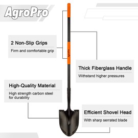 AgroPro Shovel for Digging, Metal Shovel with Long Fiberglass Handle, Heavy Duty Shovel for Digging, 58 Inches