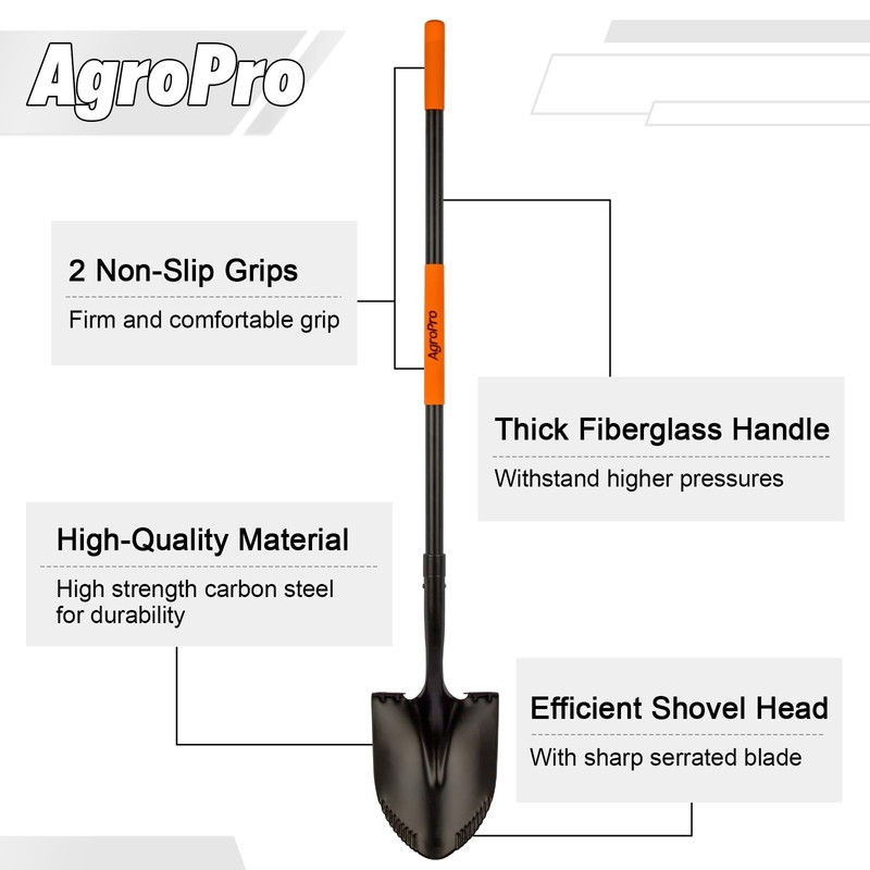 AgroPro Shovel for Digging, Metal Shovel with Long Fiberglass Handle,