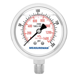 MEASUREMAN Fully Stainless Steel Hydraulic Glycerin Filled Pressure Gauge, 2-1/2" Dial Size,0-200psi/kpa,1/4" NPT Lower Mount