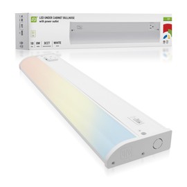 ASD LED Under Cabinet Lighting with 1 Power Outlet, 18 inch 8W 715 LM, Hardwired Under Cabinet Lights for Kitchen, 3000K/4000K/5000K, Under Counter Light Fixtures, ETL, White Finish (No On/Off Switch)