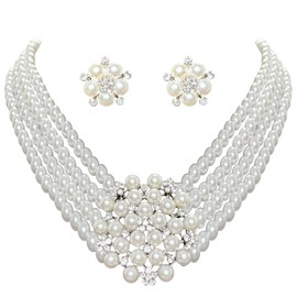 MMonesu Faux Pearl Rhinestone Jewerly Set Choker Necklace Snowflake Dangle Earrings Set layered Pearl Crystal Statement necklace Cluster Dangle Earrings Set for Wedding Party Prom