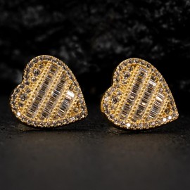Cute 14K Yellow Gold Plated 925 Sterling Silver Iced 5A Cz Hip Hop Baguette Large Heart Stud Earrings For Women Jewelry Gift For Wife Mom Wedding Birthday Valentine's Day Gifts