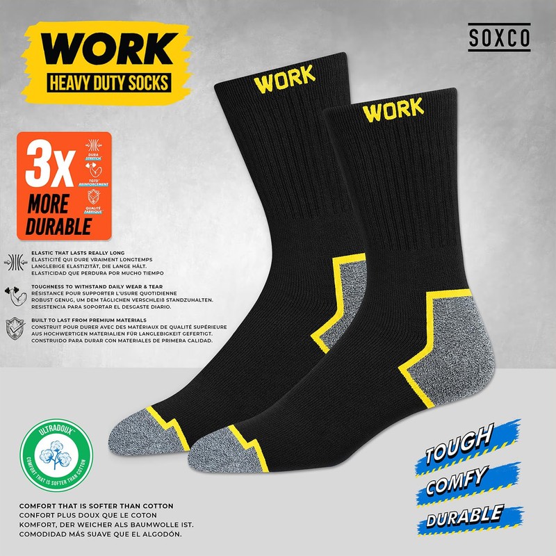SOXCO WORK Socks for Men Crew Length Black Heavy Duty