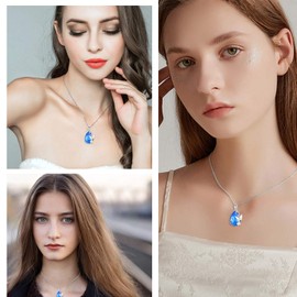 AOBOCO Blue Water Drop Butterfly Chain Drop Pendant Sterling Silver Butterfly Jewellery Gift for Women Girls, Silver, Opal