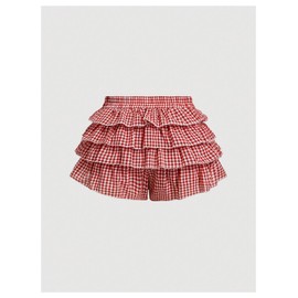 Verdusa Women's Plus Size Y2k Gingham Plaid Mini Shorts Tiered Layered Ruffled Shorts Red and White XX-Large Plus