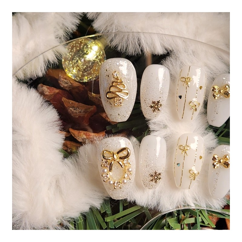 White Gold Christmas Nail Tips - Coffin / 화이트 골드