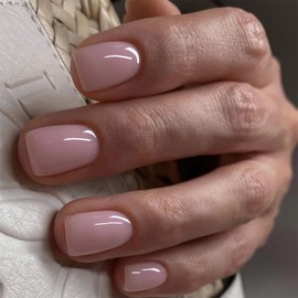 Nude Pink Press on Nails Short Square Fake Nails Soft Gel Glue on Nails Press ons Full Cover Pink False Nails Short Artificial Acrylic Stick on Nails for Women Reusable Solid Color Acrylic Nails 24pcs