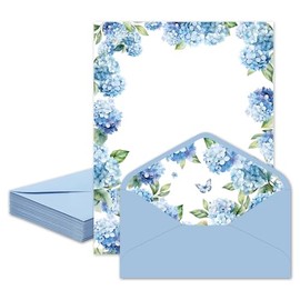 Whaline Juego de 30 piezas de papelería de hortensias con sobres, calcomanías de flores azules, papel de escritura y sobres para invitación de vacacio