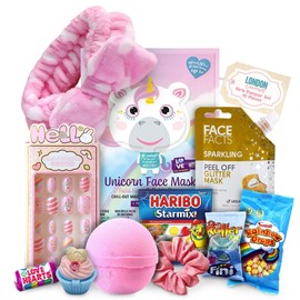 Kids Spa Set with Face Masks Pamper Spa Headband, Stick on Nails for Kids, Kids Bath Bombs, Unicorn Lip Balm and Sweet Treats
