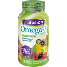 Vitaminas Vitafusion Omega-3 Gomitas 120 Und creado para apoyar la salud del corazón ofrece deliciosos sabores de frutas naturales en cada bocado sin regusto a pescado Sin Gluten ni endulzadores