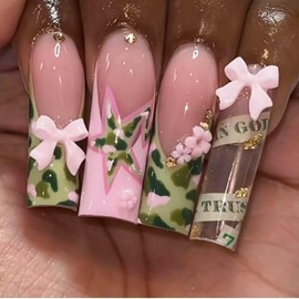 RUOKEXIN Square Press on Nails Long Fake Nails French Tip False Nails with Pink Bow Designs Long Nail Press ons Sparkly Artificial Nails Cute Stick on Nails for Women 24Pcs