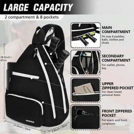 AEROBIX Pickleball Bag for Women and Men, Pickle Ball Bag with Upgraded Zippers and Capacity, Padded Pickleball Backpack, Adjustable Pickleball Paddle Bag, Pickleball Sling Bag (BLACK Bag Only)