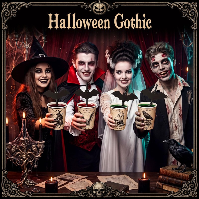 48 Pcs Halloween Paper Cups 9 oz Gothic Disposable Cups