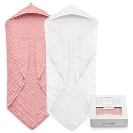 FAVERDIIY Hooded Baby Towels for Newborn, 2 Pack 100% Muslin Cotton Baby Bath Towel with Hood for Baby Toddler and Kids, Large 35x35 Inch Baby Boy & Girl Towels, Essentials Must Have