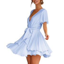 Womens Cocktail Dress Deep V-Neck Tie Waist Formal Dresses Light Blue L